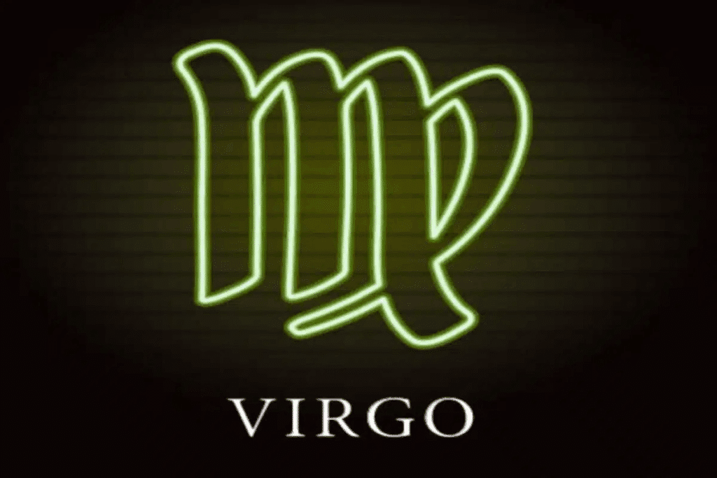 Ilustração do símbolo de virgem em verde néon sobre o nome do signo em inglês