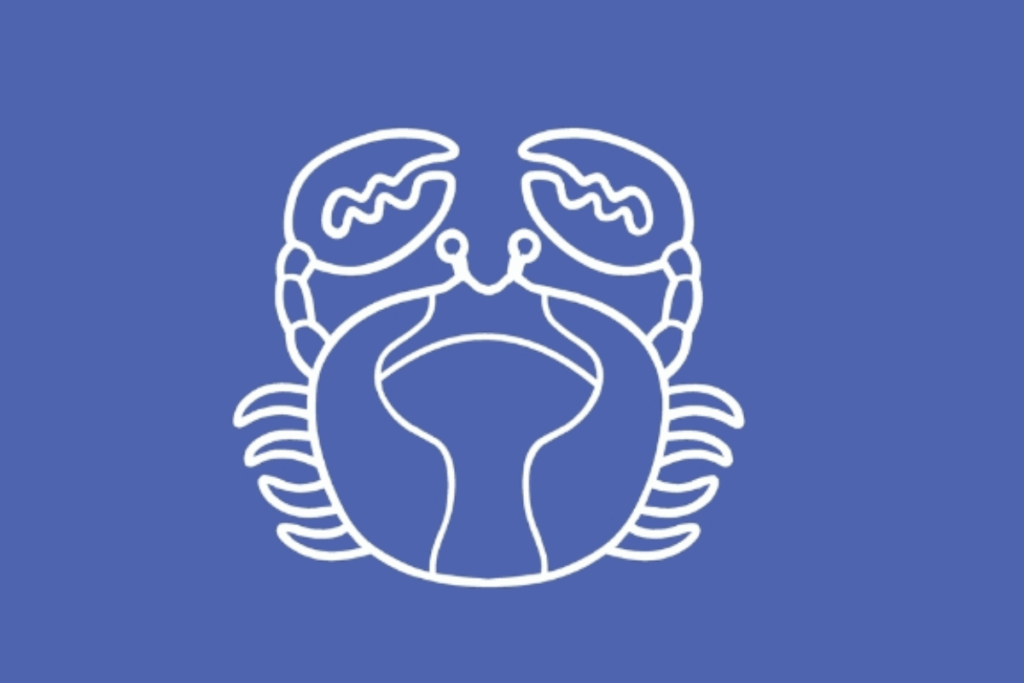 A imagem apresenta um caranguejo estilizado, utilizado para representar o signo de Câncer. O desenho aparece em branco sobre um fundo azul uniforme. O animal é mostrado de frente, com um corpo grande e arredondado no centro da composição.