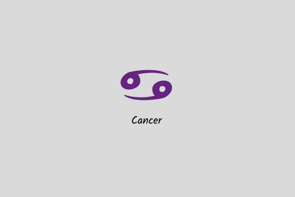 Ilustração do signo de Câncer em roxo, com o nome abaixo, centralizada sobre um fundo cinza-claro