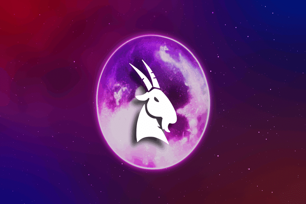 A imagem apresenta uma representação do signo de capricórnio, com a silhueta branca da cabeça de uma cabra posicionada no centro de uma lua em tons de roxo e rosa.