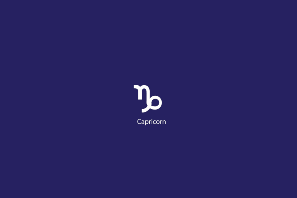 Ilustração do signo de Capricórnio em branco, com o nome abaixo, centralizado, sobre um fundo azul-escuro
