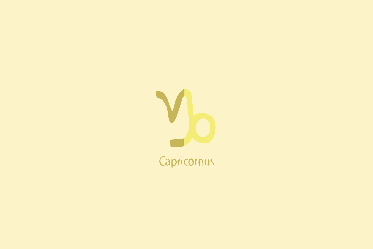 Ilustração do signo de capricórnio em amarelo e bege-escuro centralizado sobre fundo amarelo