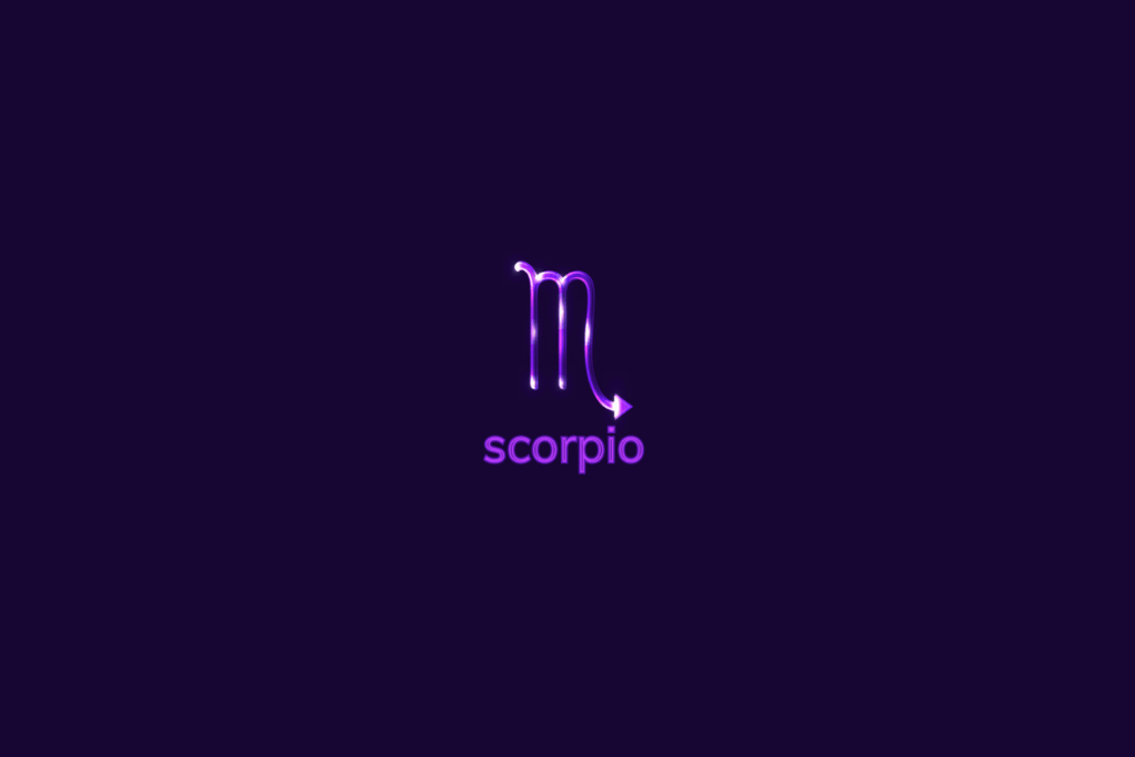 Ilustração do signo de escorpião em roxo-claro, com luzes brancas, nome do signo abaixo e composição centralizada sobre fundo roxo-escuro