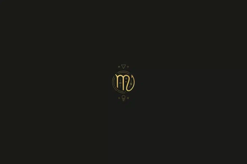 Ilustração do signo de escorpião na cor dourada, com estrelas, quadrados e triângulos ao redor, em um fundo preto