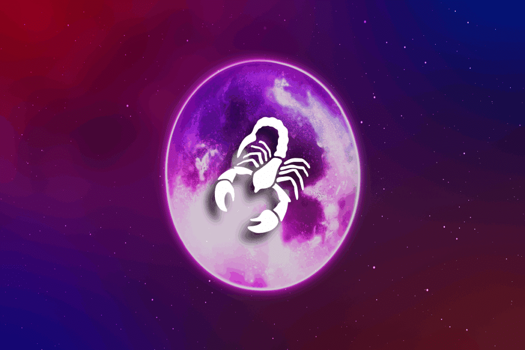 A imagem apresenta uma representação do signo de escorpião, com a silhueta branca de um escorpião posicionada no centro de uma lua em tons de roxo e rosa.