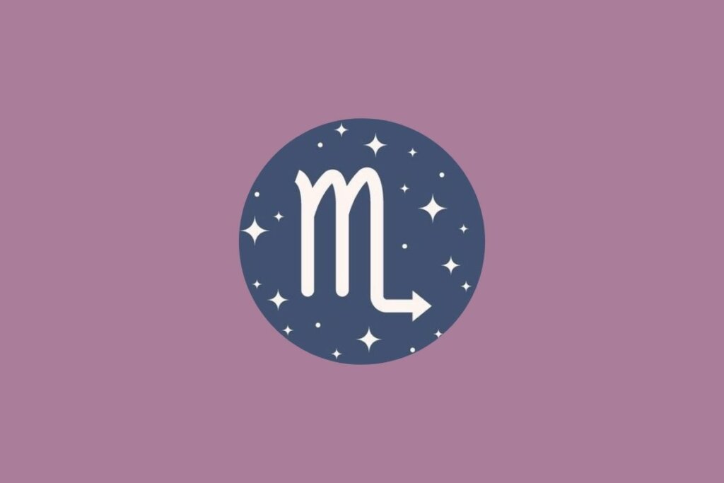 Ilustração de círculo azul com estrelas e símbolo do signo de escorpião sobre fundo roxo