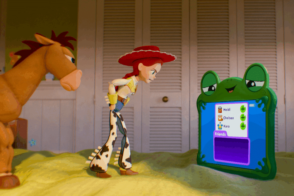 Ilustração de um tablet verde com a personagem Jessie de Toy Story e do personagem Bala no Alvo em cima da cama