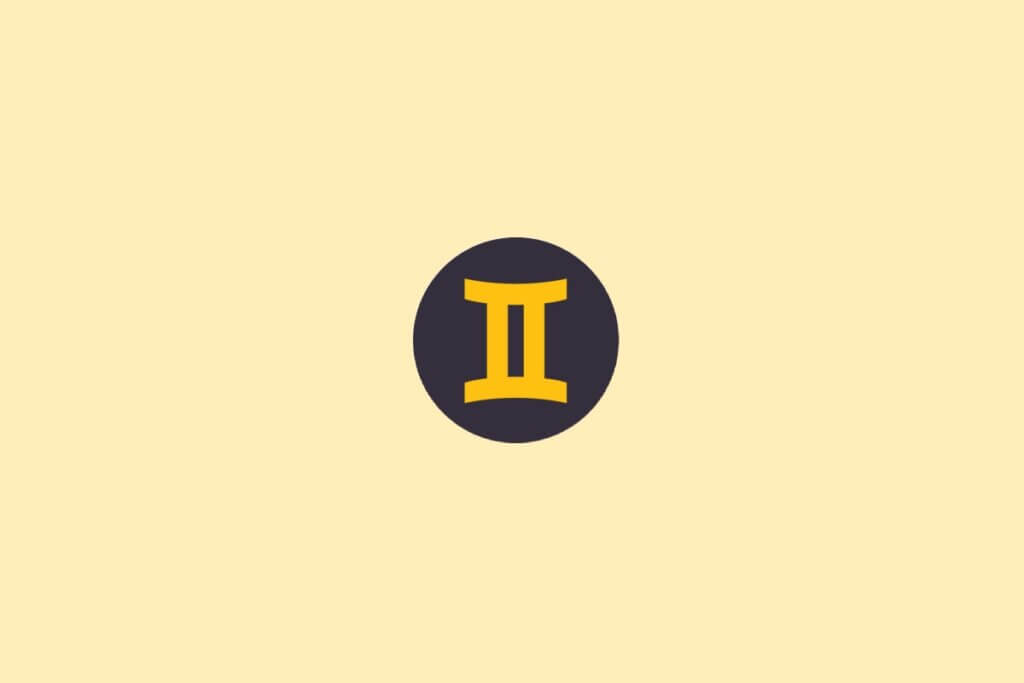 Um símbolo do signo de Gêmeos em amarelo, dentro de um círculo escuro, sobre um fundo claro bege
