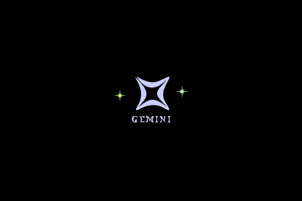 Ilustração do signo de Gêmeos, na cor roxa e com o nome abaixo, centralizado sobre fundo preto e com estrelas ao redor