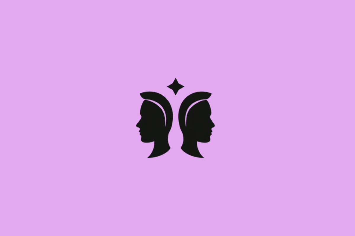 Símbolo do signo de Gêmeos em preto com uma estrela em fundo roxo