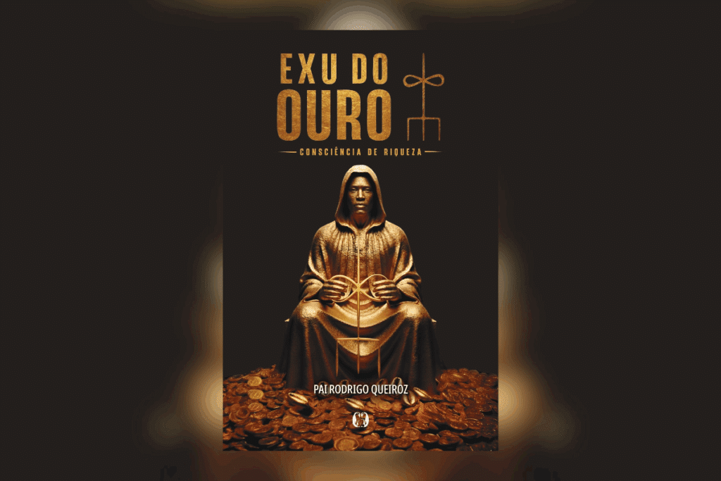 Capa do livro “Exu do ouro”, com uma figura dourada sentada sobre moedas. Capa do livro “Exu do ouro”, com uma figura dourada sentada sobre moedas.