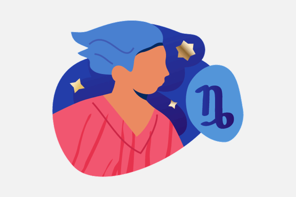 Ilustração do signo de Capricórnio, contendo o perfil de uma pessoa de cabelo azul e blusa rosa e o símbolo de Capricórnio em um balão azul.
