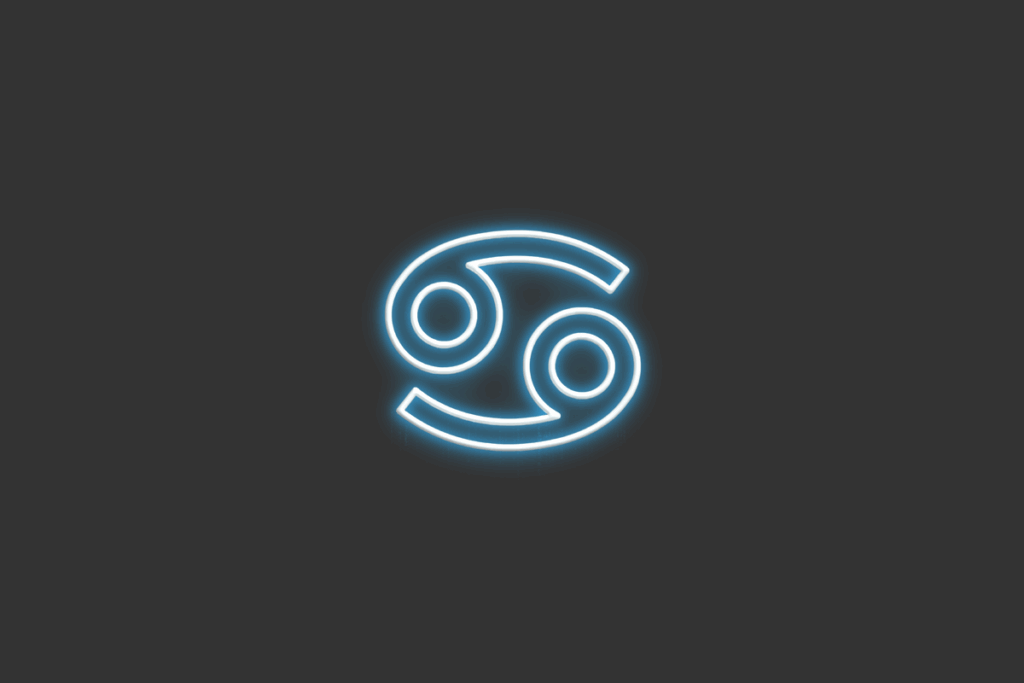 Ilustração do signo de Câncer, em fundo cinza-escuro, contendo o símbolo do caranguejo desenhado em neon azul.