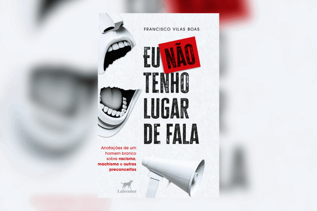 Capa do livro “Eu não tenho lugar de fala”, com bocas abertas e um megafone branco. Capa do livro “Eu não tenho lugar de fala”, com bocas abertas e um megafone branco.