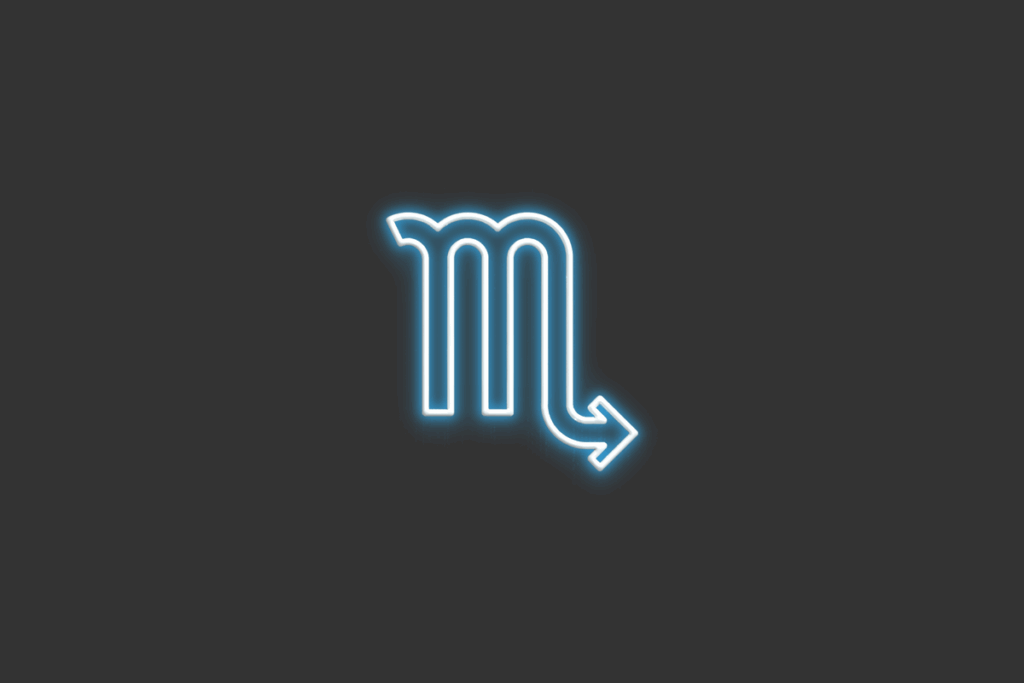 Ilustração do signo de Escorpião, em fundo cinza-escuro, contendo um M com seta para o lado na última perna, desenhado em neon azul.