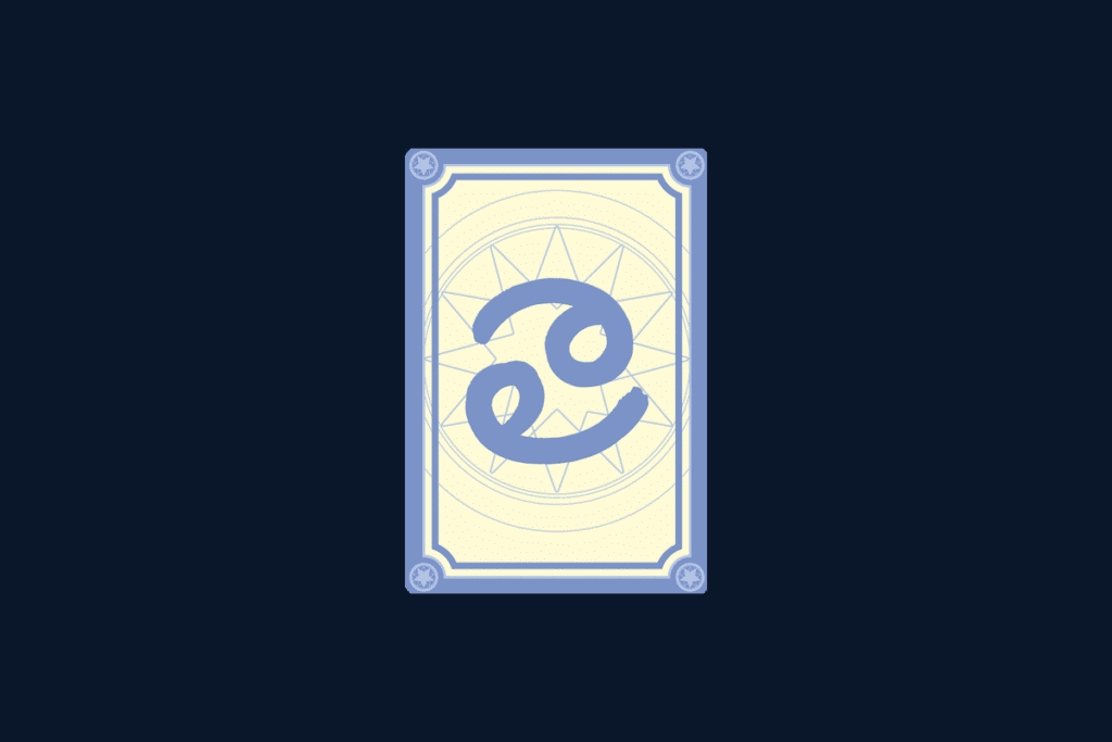 Ilustração do signo de Câncer, contendo duas espirais voltadas para lados opostos, no centro de uma carta de tarô, em fundo azul-escuro