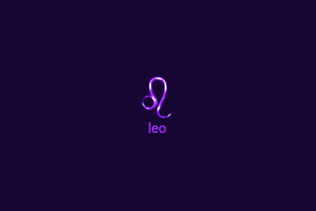Ilustração do signo de leão em roxo-claro, com luzes brancas, nome do signo abaixo e composição centralizada sobre fundo roxo-escuro