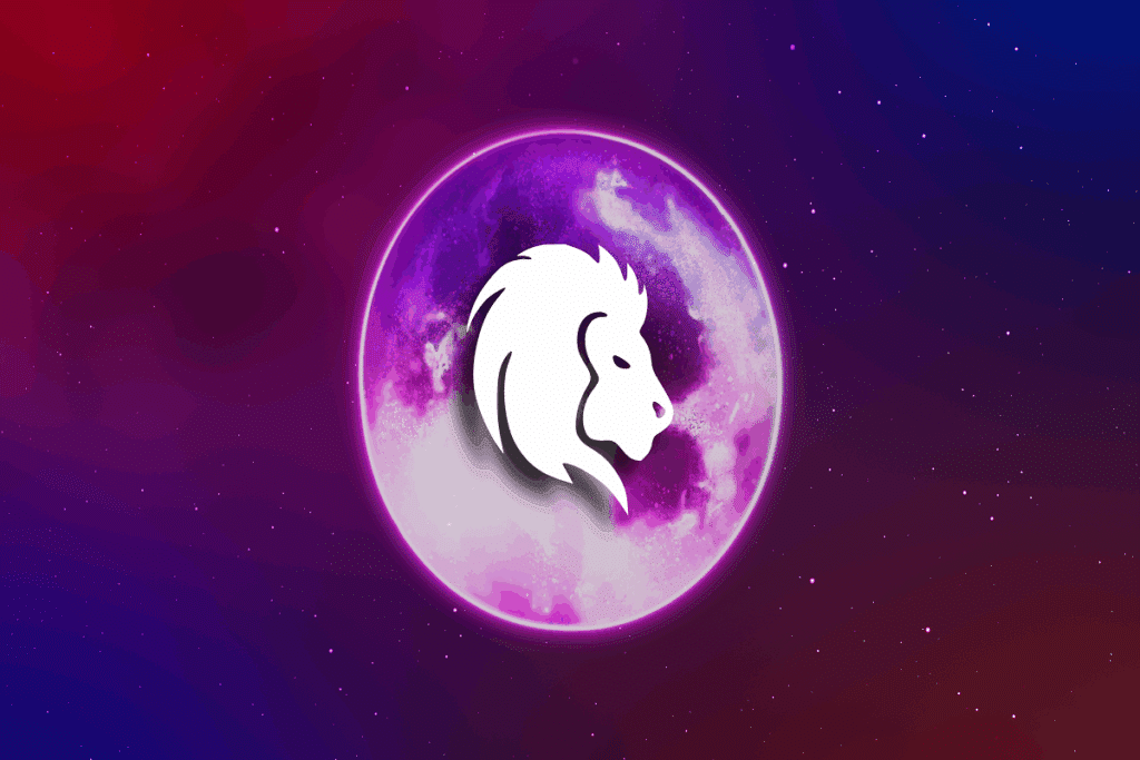A imagem apresenta uma representação do signo de leão, com a silhueta branca da cabeça de um leão posicionada no centro de uma lua em tons de roxo e rosa.
