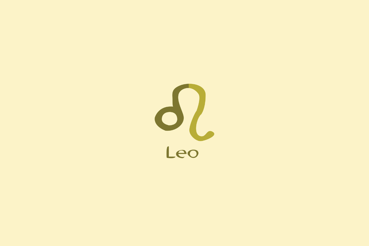 Ilustração do signo de leão em verde e bege-escuro centralizado sobre fundo amarelo