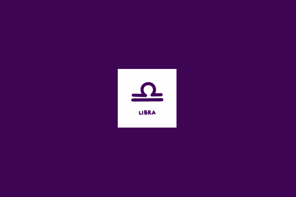 Ilustração do signo de libra dentro de um quadrado branco e centralizado em fundo roxo-escuro