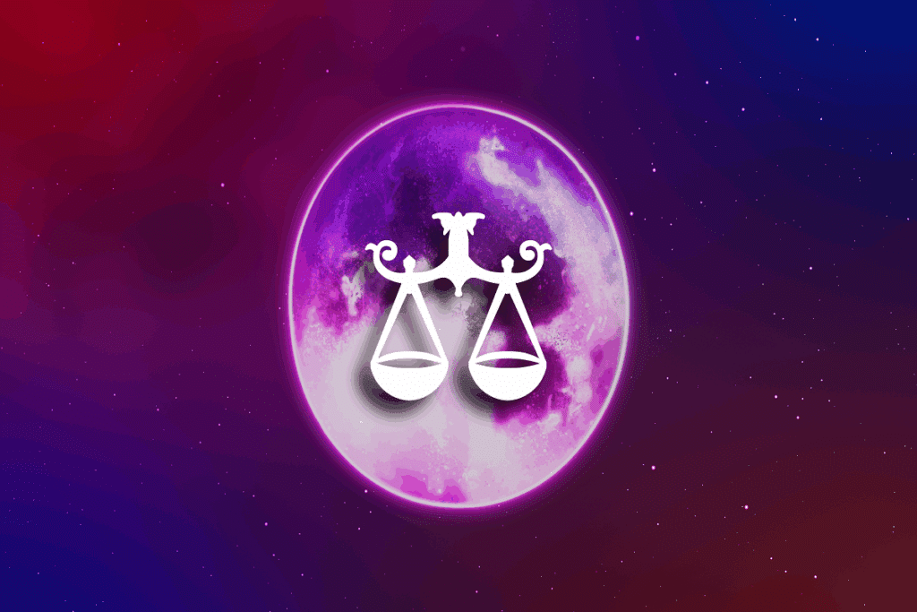A imagem apresenta uma representação do signo de libra, com a silhueta branca de uma balança posicionada no centro de uma lua em tons de roxo e rosa.