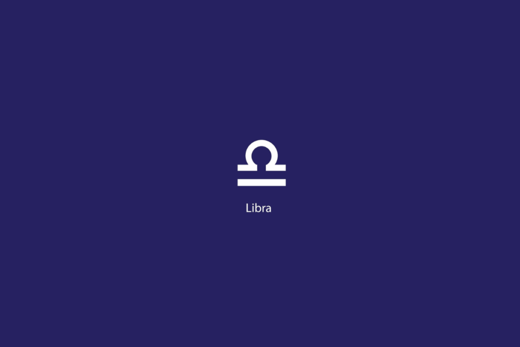 Ilustração do signo de Libra em branco, com o nome abaixo, centralizado, sobre um fundo azul-escuro