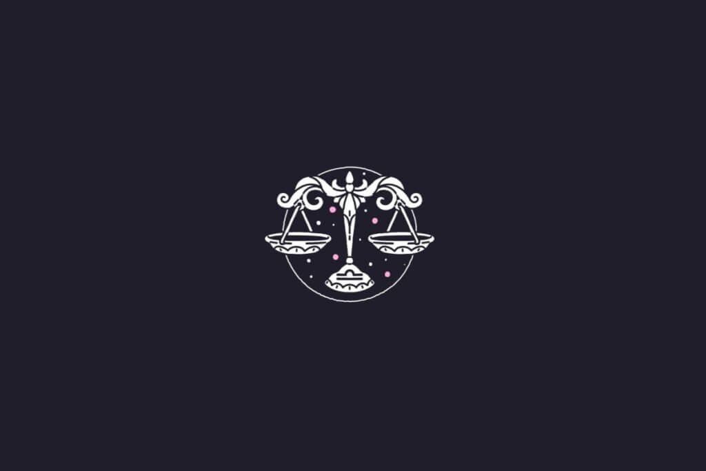 Ilustração do signo de libra centralizado em um fundo roxo-escuro