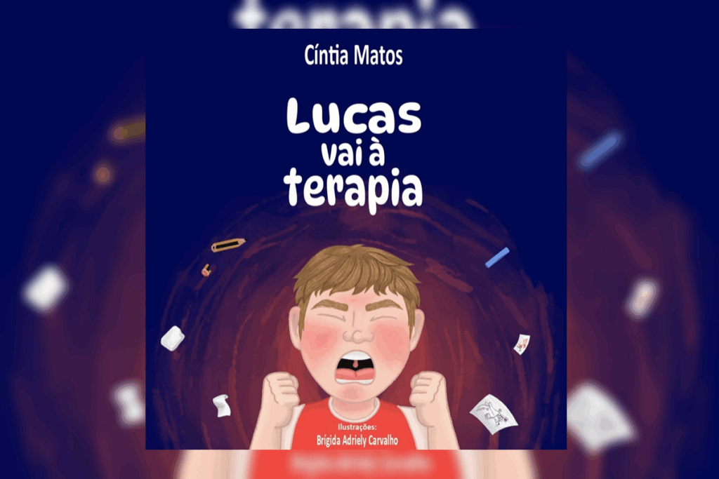 Capa de livro azul escura com título e nome do autor em branco e ilustração de um menino com cabelo curto usando camisa vermelha e gritando com folhas de papel e lápis ao redor