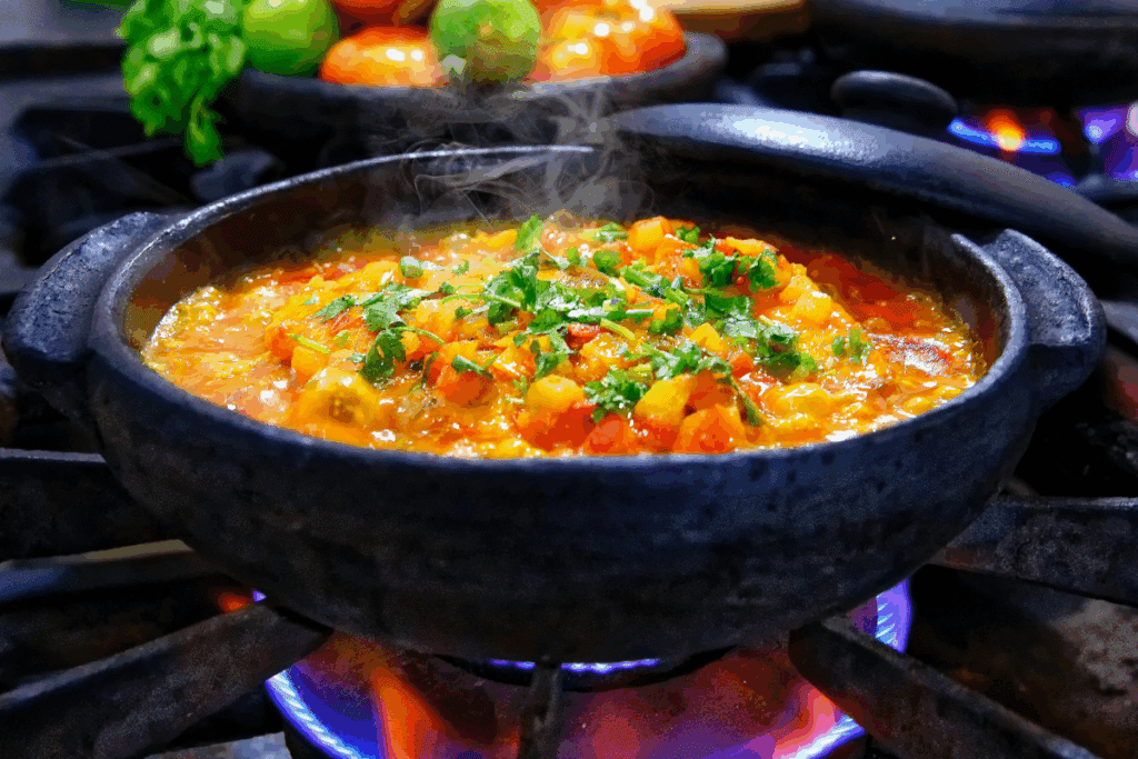 Moqueca de banana-da-terra em panela preta e decorada com salsinha 