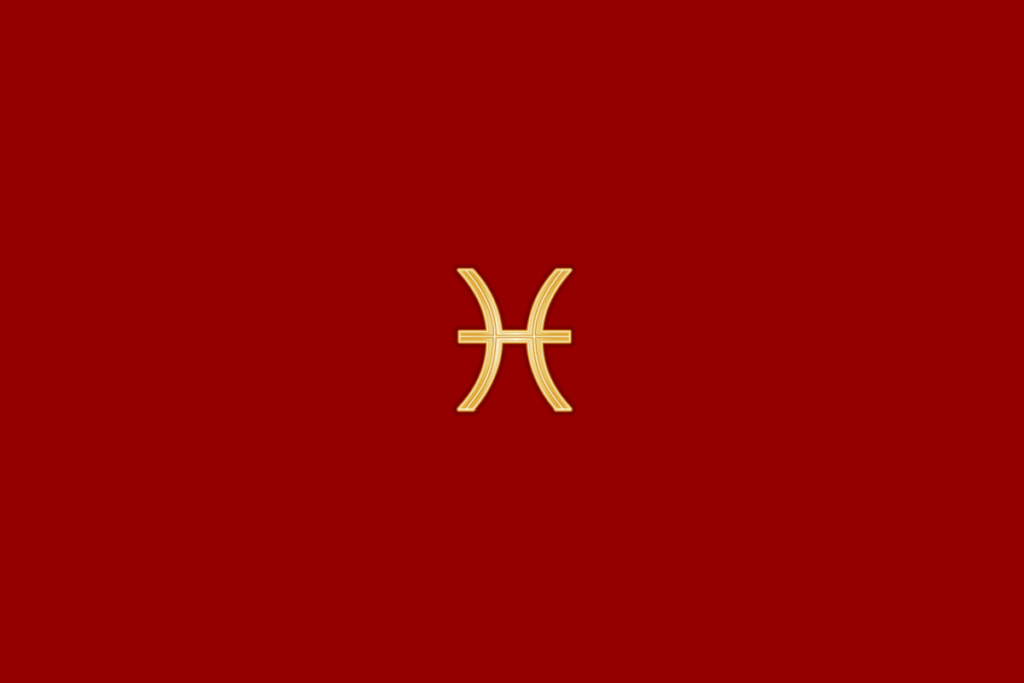 Ilustração do signo de peixes em dourado, centralizado em fundo vermelho