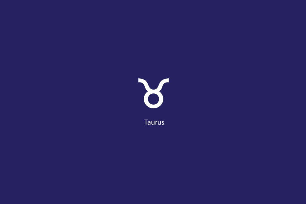 Ilustração do signo de Touro em branco, com o nome abaixo, centralizado, sobre um fundo azul-escuro
