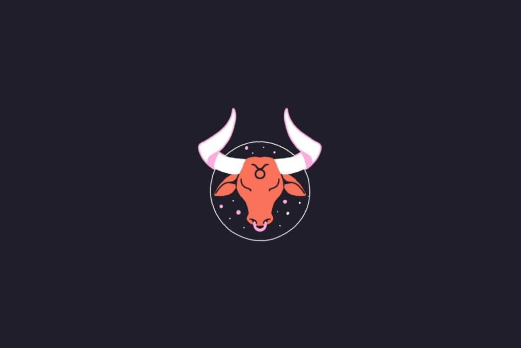 Ilustração do signo de touro centralizado em um fundo roxo-escuro