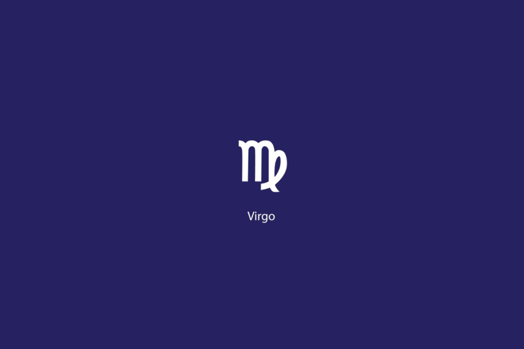 Ilustração do signo de Virgem em branco, com o nome abaixo, centralizado, sobre um fundo azul-escuro