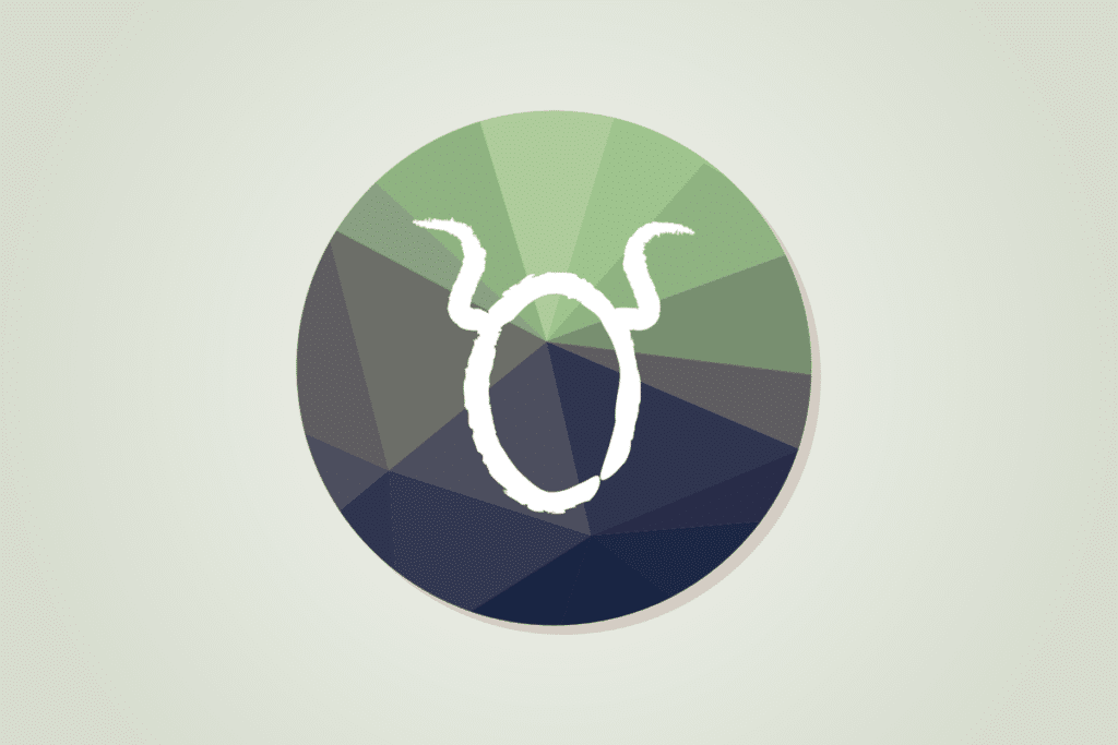 Símbolo de Touro, um círculo com um arco em forma de meia-lua apoiado no topo, lembrando a cabeça e os chifres de um touro. O traço é branco, estilo pincel, dentro de um cco em verde eazul-marinho, sobre fundo claro.