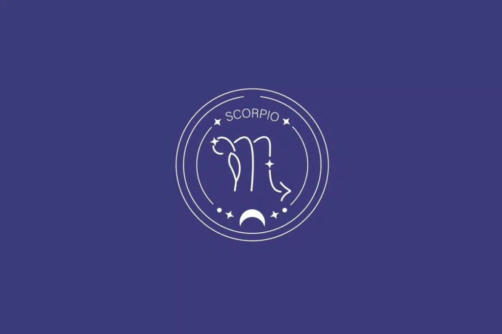 Ilustração do signo de Escorpião, com símbolo em formato de letra “m” com uma seta na extremidade direita, em fundo azul-escuro