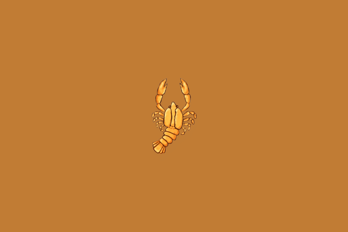 Símbolo do signo de Câncer representado por um crustáceo em tons de amarelo e laranja, com duas grandes pinças levantadas, várias patas laterais e a cauda voltada para baixo, centralizado sobre um fundo marrom-alaranjado.