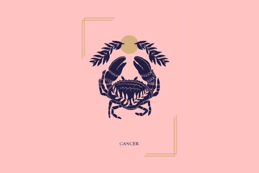 Ilustração mística sobre fundo rosa com a palavra "CANCER" na parte inferior. Ao centro, um caranguejo decorado com ramos de folhas abaixo de um círculo dourado e folhas.