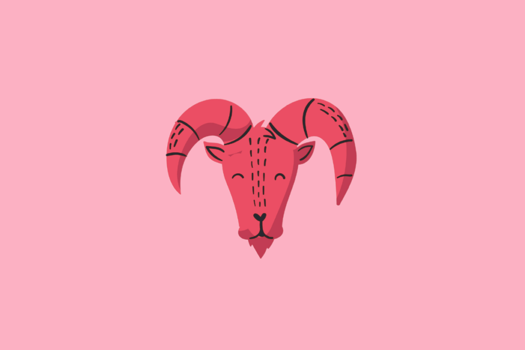 Ilustração simples do signo de Capricórnio, representada pela cabeça de um bode rosa vibrante sorridente com chifres curvos sobre um fundo rosa claro.