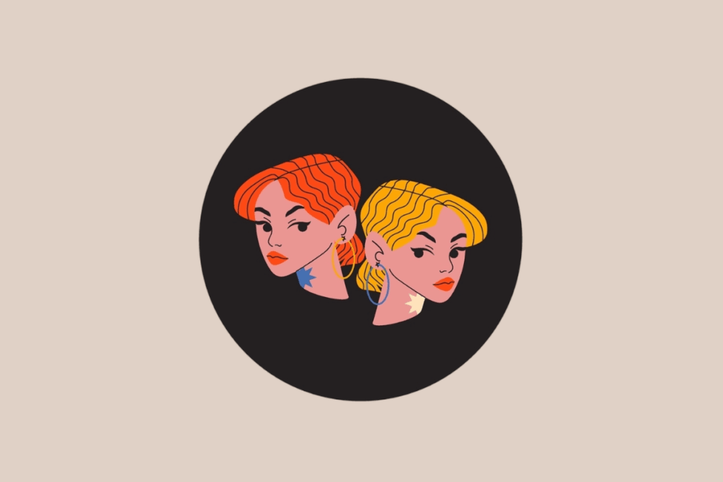 Ilustração do signo de Gêmeos representando dois rostos femininos estilizados lado a lado, um com cabelo ruivo e outro com cabelo loiro.