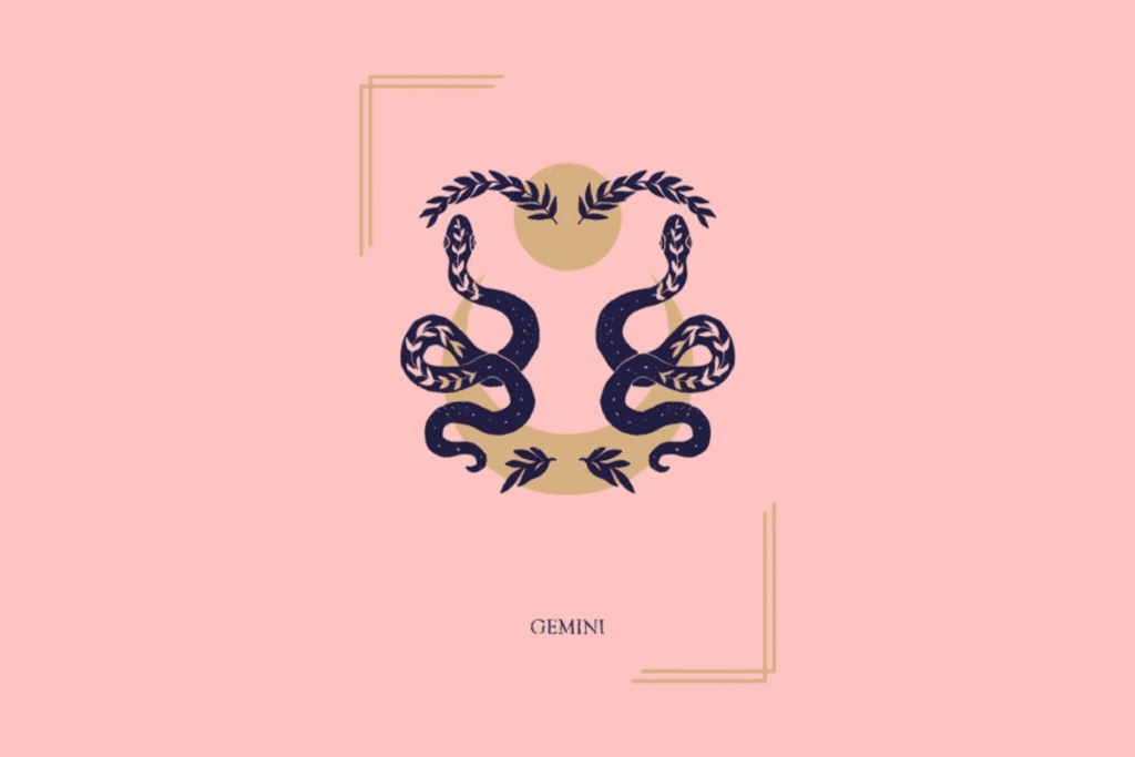 Ilustração mística sobre fundo rosa com a palavra "GEMINI" na parte inferior. Ao centro, duas cobras simétricas entrelaçadas em volta de uma lua crescente e ramos folheados.