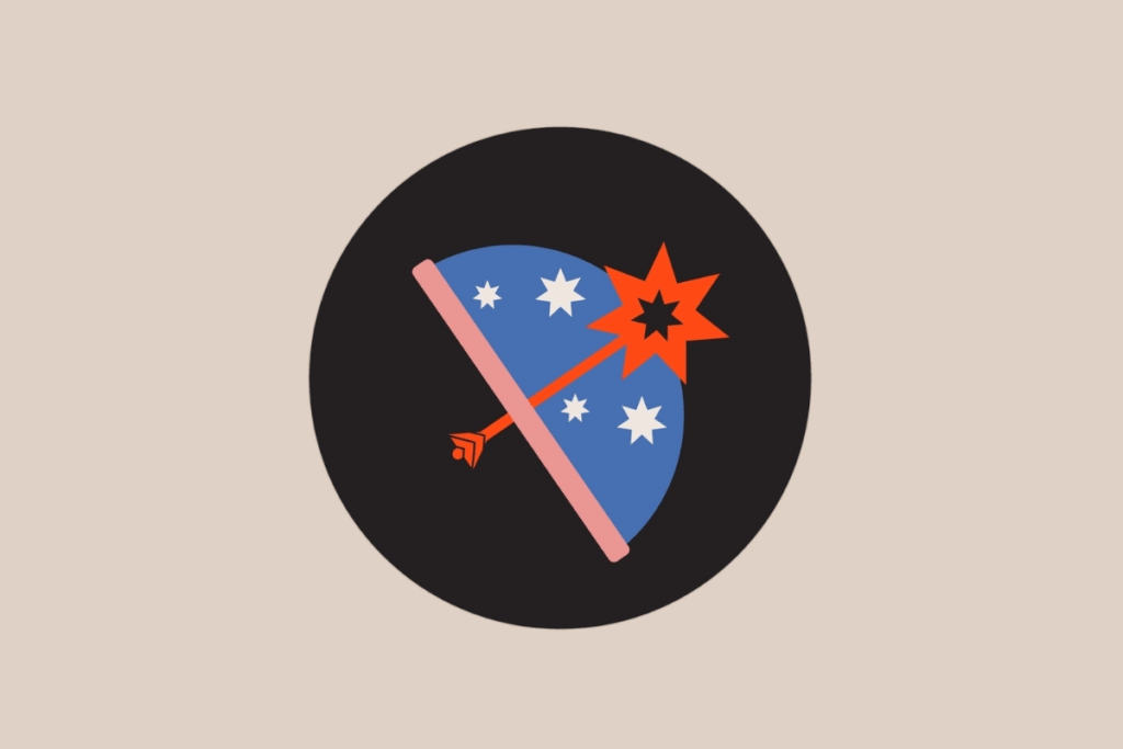 Ilustração do signo de Sagitário representando um arco rosa disparando uma flecha alaranjada com uma estrela brilhante na ponta.