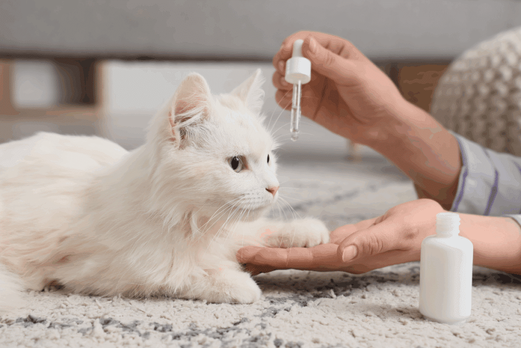 Uma mão humana segura um conta-gotas com medicação acima da cabeça de um gato branco de pelagem longa, enquanto segura suavemente uma de suas patas dianteiras. Um pequeno frasco branco está ao lado deles sobre o tapete.