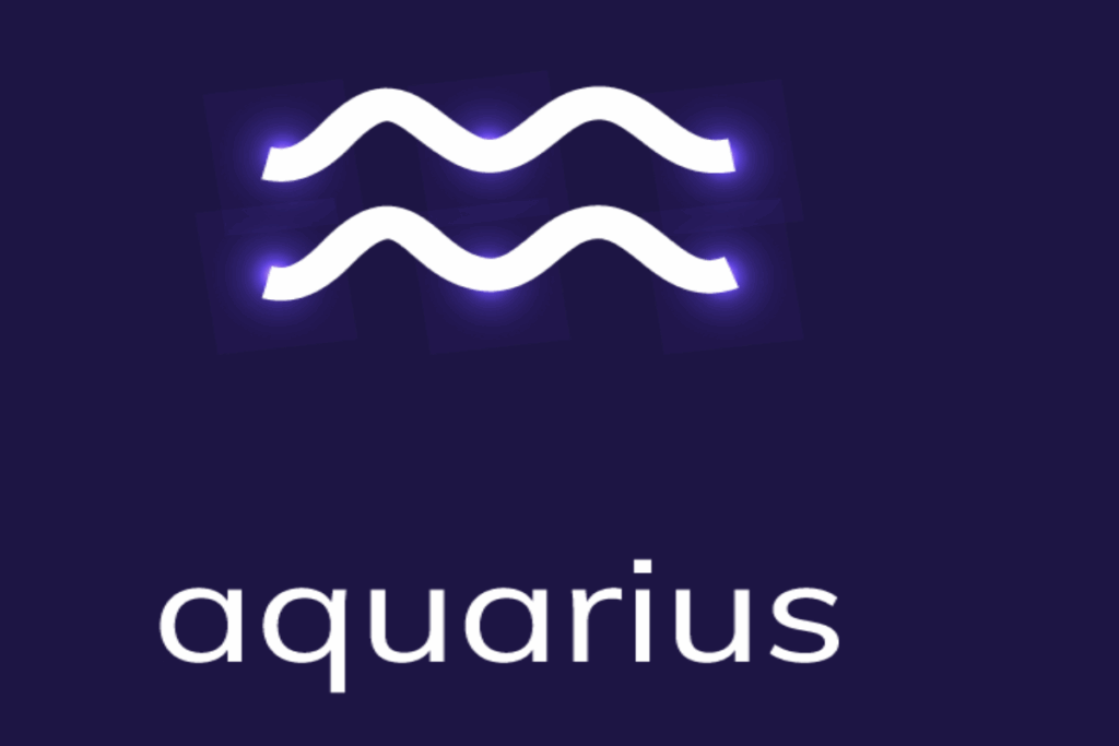 Imagem com fundo roxo-escuro e o símbolo astrológico de Aquário em branco, representado por duas linhas onduladas paralelas. O desenho apresenta um discreto brilho violeta em alguns pontos, e a palavra “aquarius” aparece em letras brancas na parte inferior.