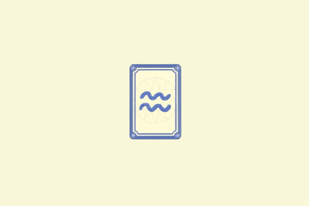 A imagem mostra uma carta de fundo creme, com moldura azul e o símbolo de Aquário desenhado em azul no centro. Ao fundo, há um discreto desenho geométrico que remete a um baralho esotérico.