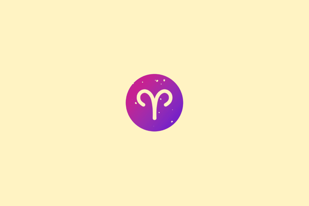 Ilustração minimalista do signo de Áries, representado pelo símbolo estilizado dos chifres de carneiro em tom creme. A figura aparece sobre um círculo em degradê de roxo e rosa, com pequenos pontos decorativos e fundo amarelo-claro.
