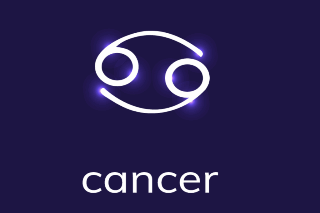Imagem com fundo roxo-escuro e o símbolo astrológico de Câncer em branco, composto por duas formas circulares posicionadas em sentidos opostos e conectadas por linhas curvas. O símbolo possui pontos de brilho violeta, enquanto a palavra “cancer” aparece em branco na parte inferior.