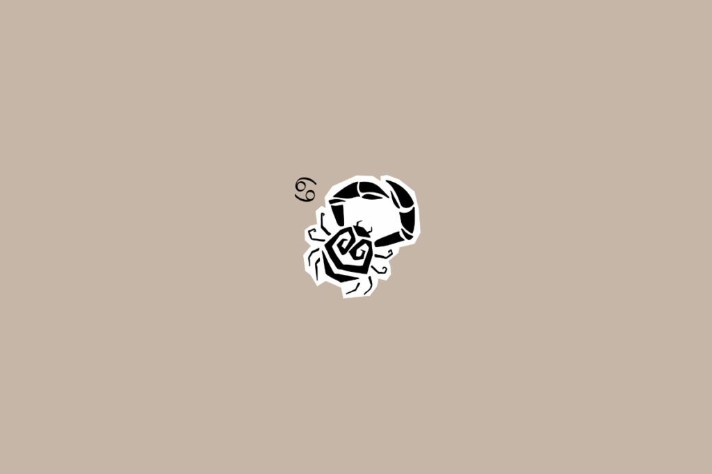 Ilustração gráfica de um caranguejo, representando o signo de Câncer, com seu glifo ao lado e  sobre fundo bege