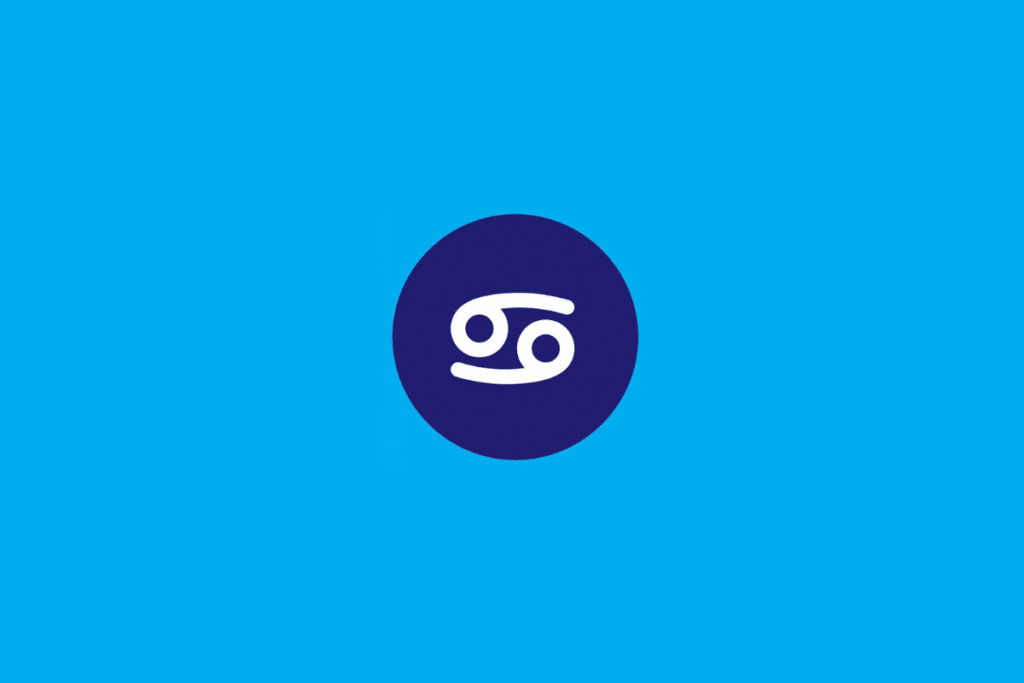 Ilustração com fundo azul-claro contendo um círculo azul-escuro ao centro. Dentro do círculo, há o símbolo do signo de Câncer desenhado em branco, parecido com o número 69 na horizontal
