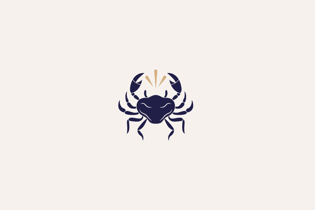 Ilustração do signo de câncer em azul-escuro com três traços beges acima e centralizada em fundo bege-claro
