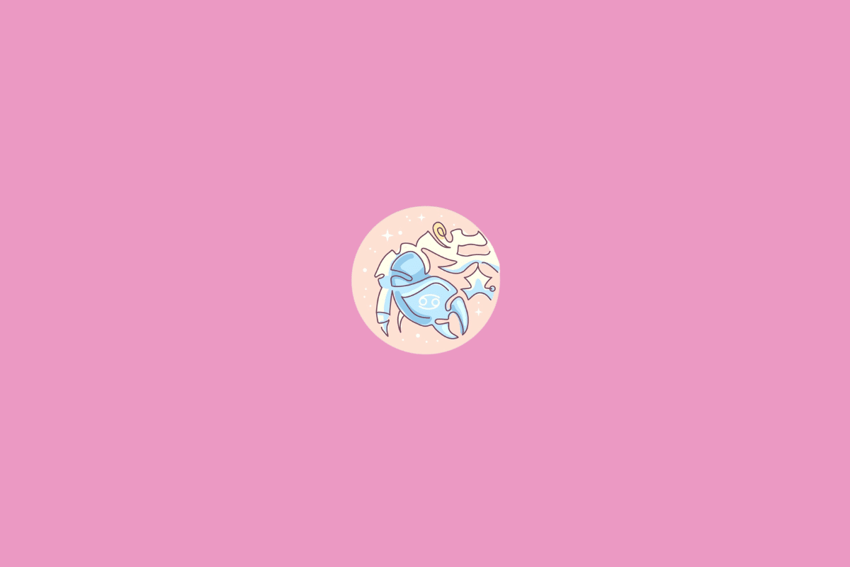 Ilustração minimalista do signo de Câncer, representado pelo símbolo formado por dois círculos e linhas curvas em tom creme. O desenho está sobre um círculo em degradê de laranja e vermelho, com pequenos pontos decorativos e fundo amarelo-claro.